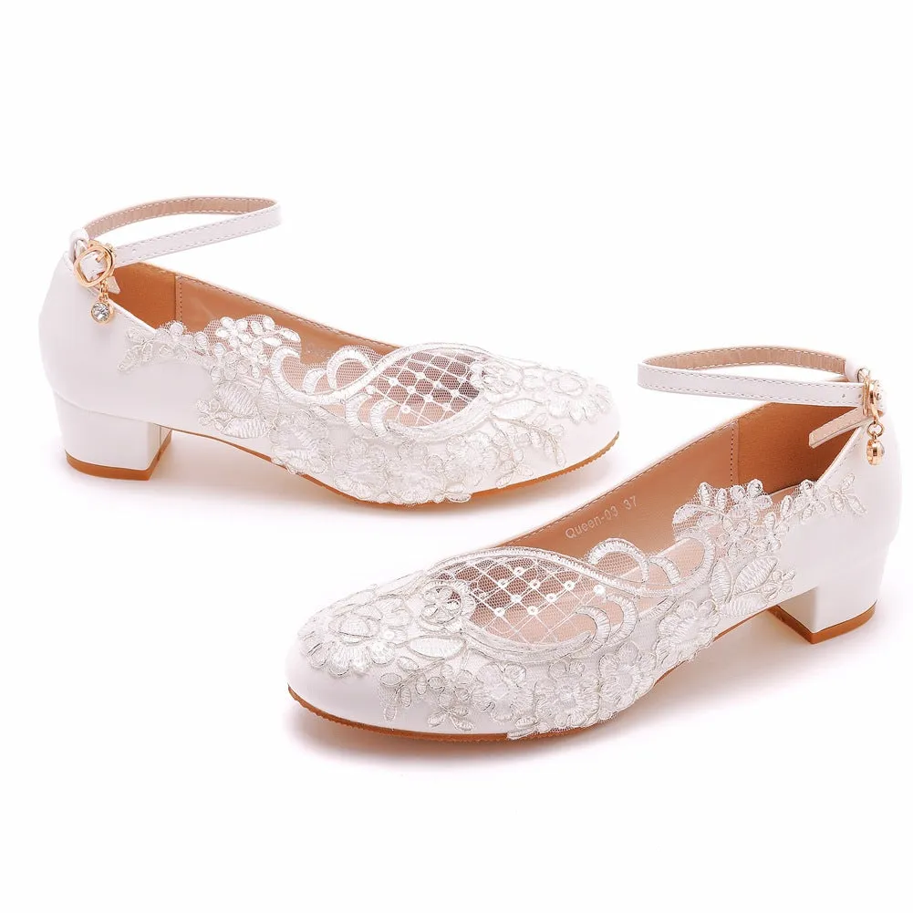 Round Toe Lace Ankle Strap Chunky Heel Wedding Shoes