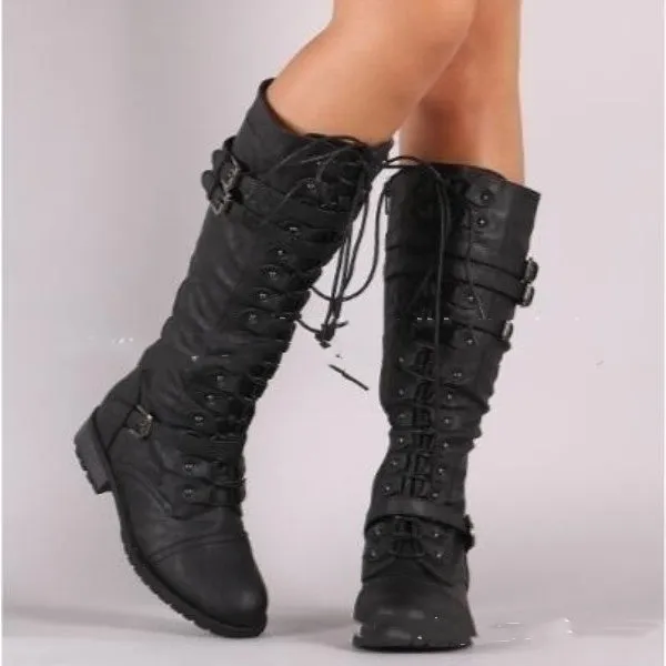 Round Toe Mid Heel Lace-up Side Zip Over-the-knee Female Boots