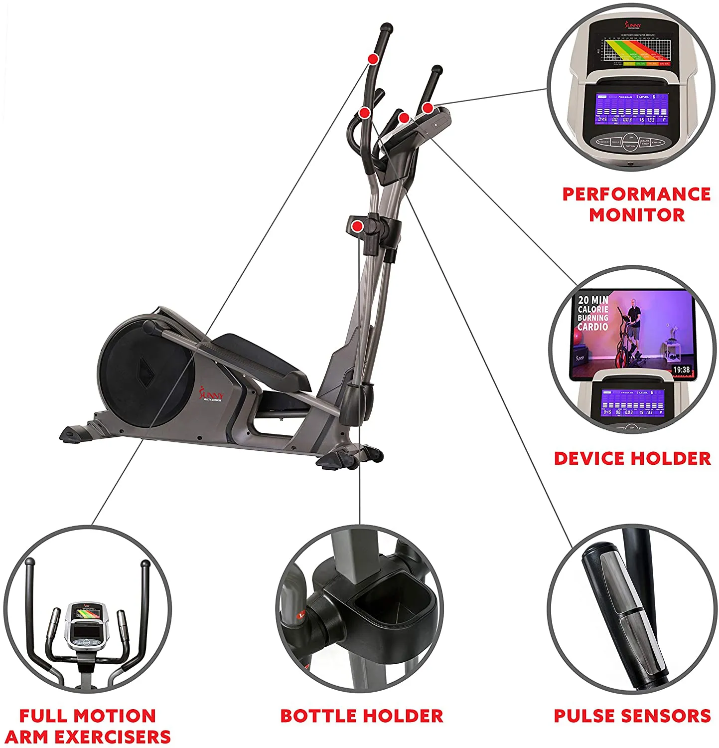 Sunny Health & Fitness Advanced Programmed Elliptical Machine Trainer with Electromagnetic Resistance