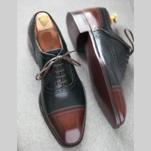 Tailor Made Handmade Black & Brown Leather Lace up Cap Toe Oxford Men's Shoes