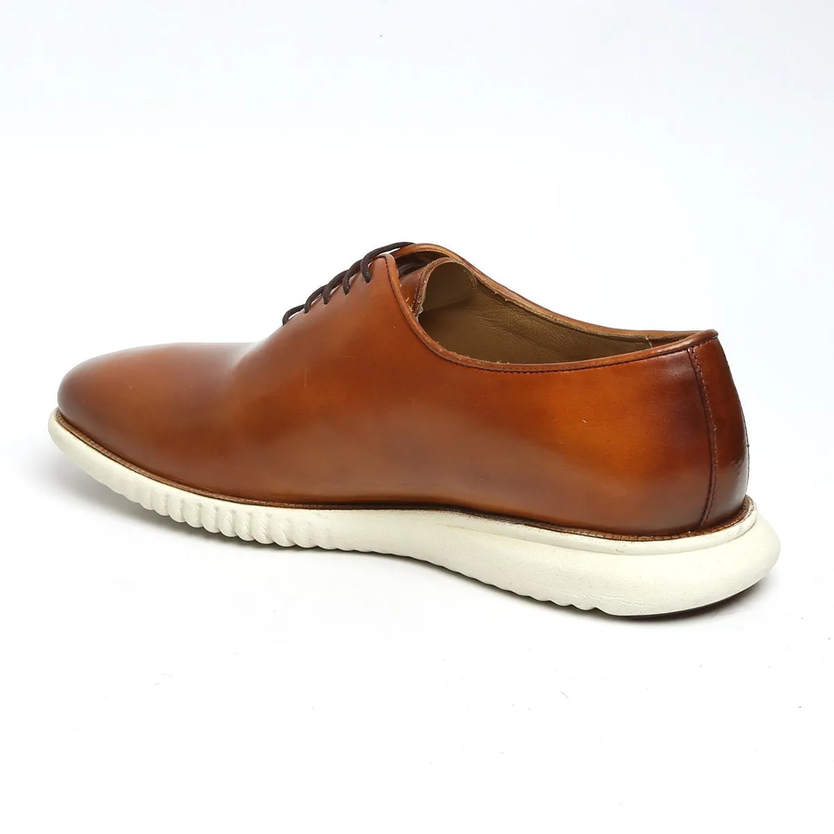 Tan Leather Lace-Up Sneakers With White Sole