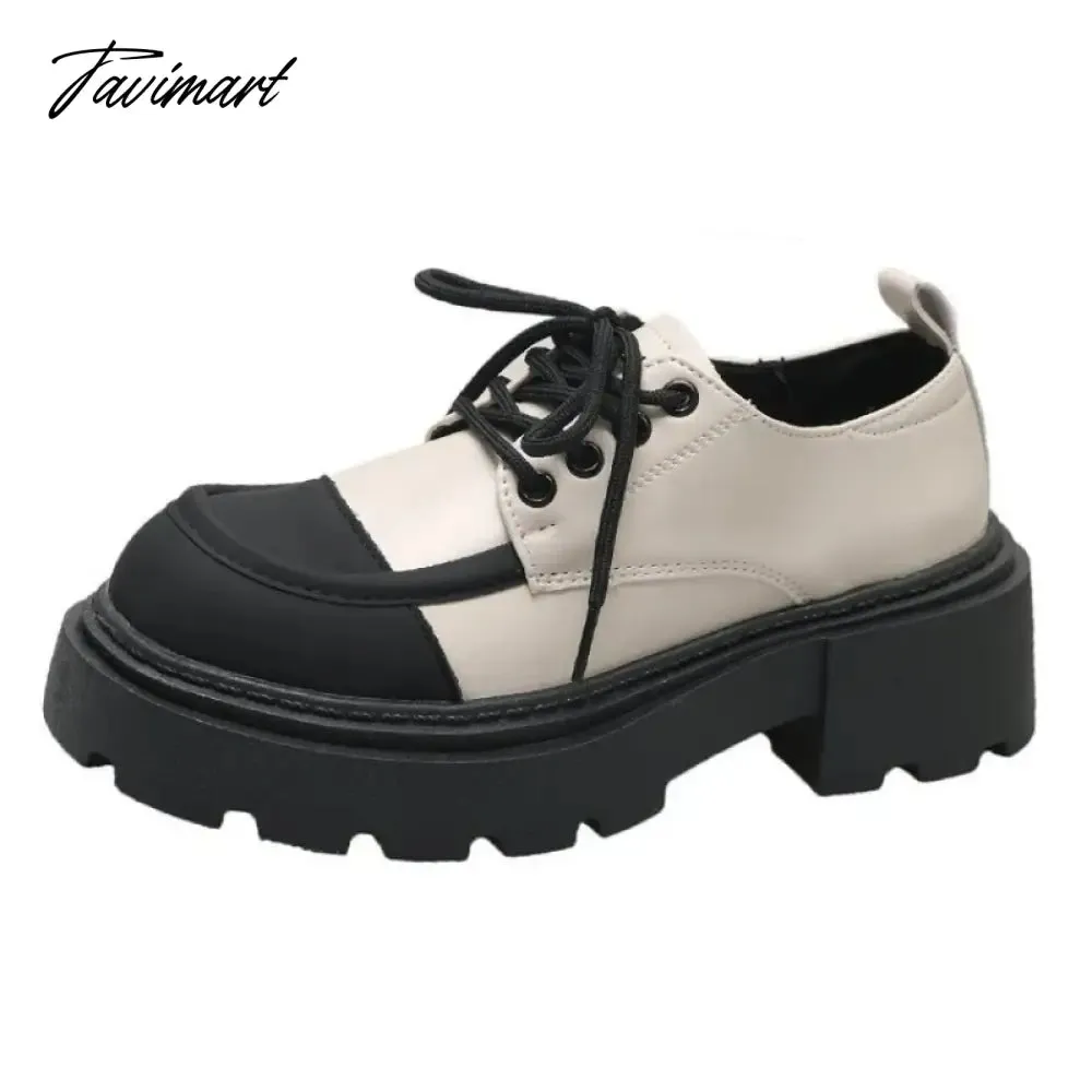 Tavimart Small leather shoes, women's spring thick sole, Lefu shoes, sponge cake, small stature, increased height, lace up women's single