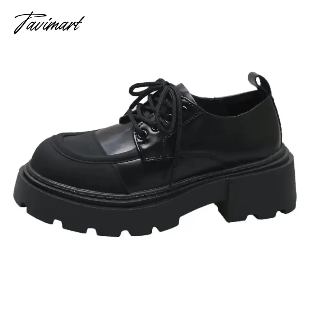 Tavimart Small leather shoes, women's spring thick sole, Lefu shoes, sponge cake, small stature, increased height, lace up women's single