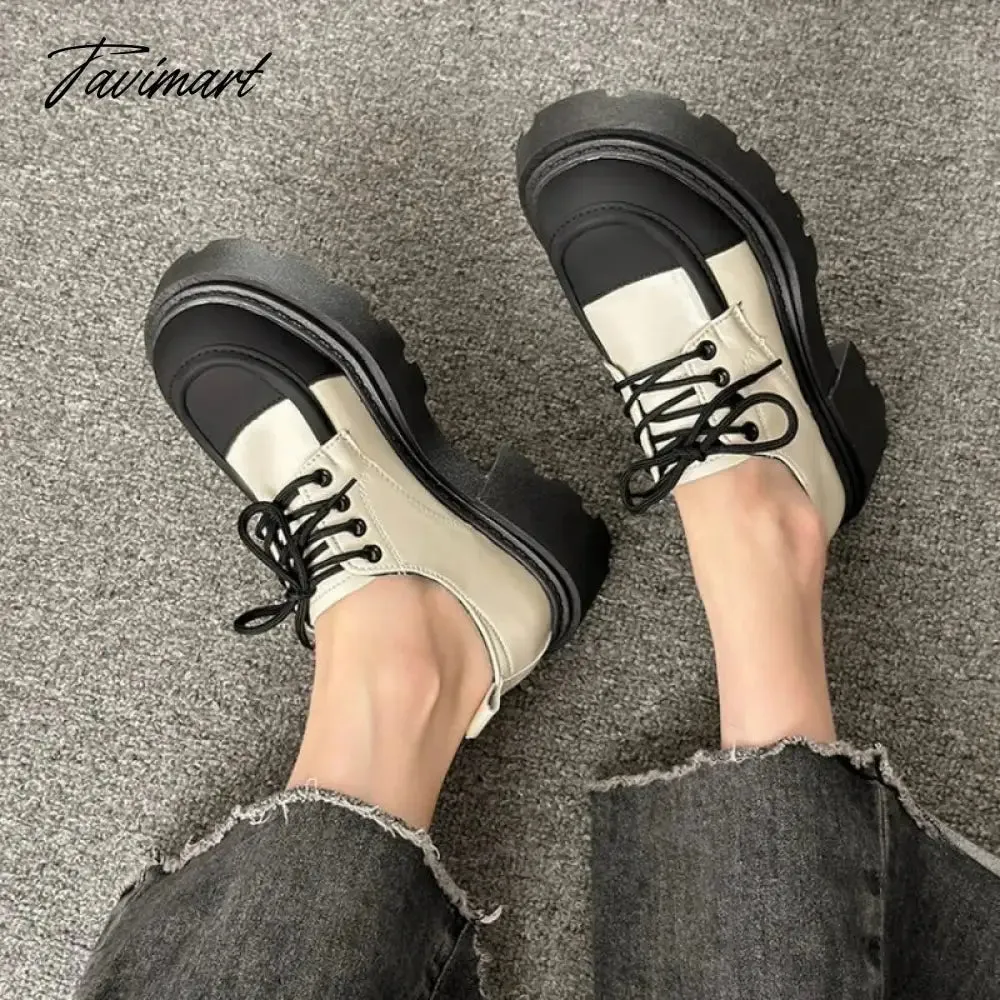 Tavimart Small leather shoes, women's spring thick sole, Lefu shoes, sponge cake, small stature, increased height, lace up women's single