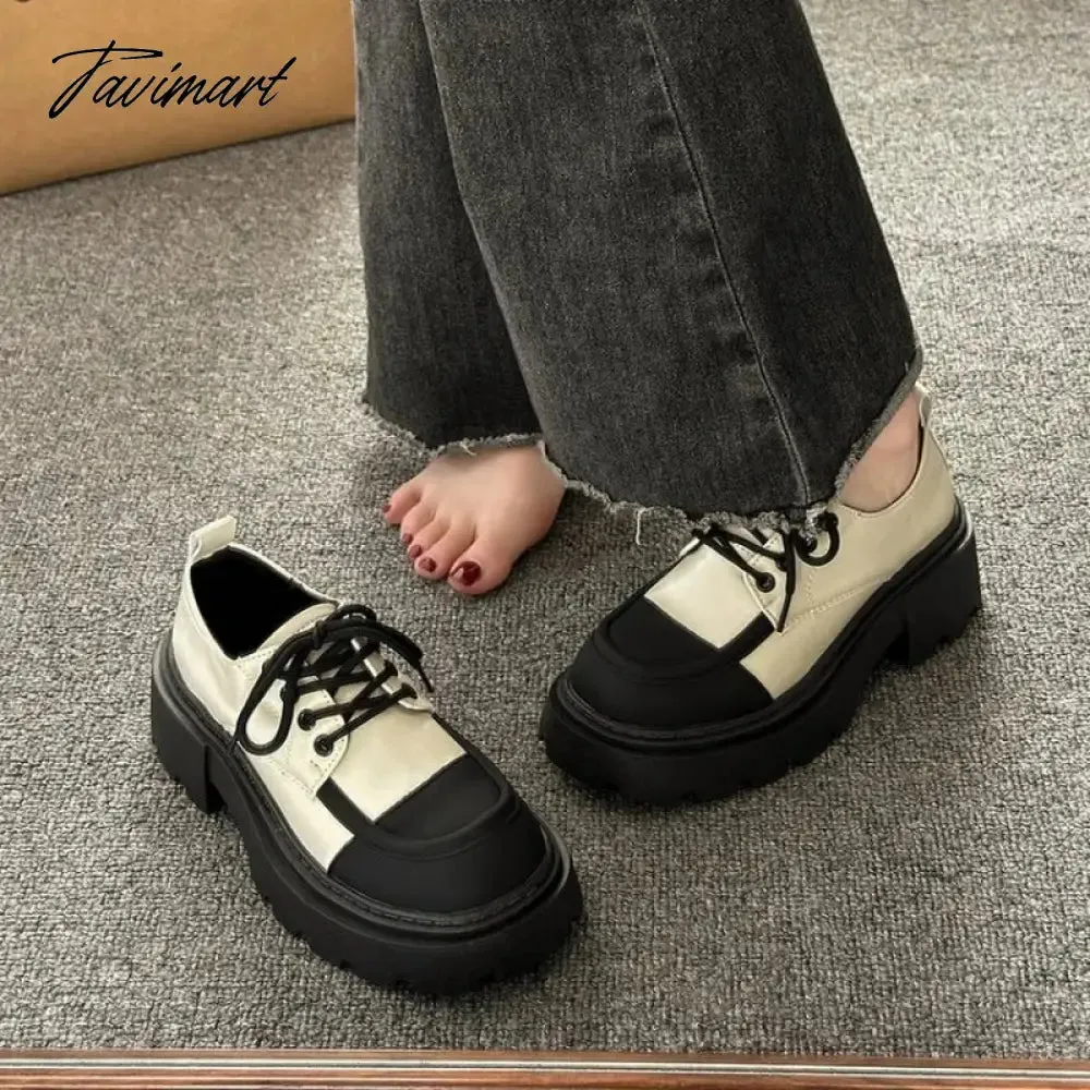 Tavimart Small leather shoes, women's spring thick sole, Lefu shoes, sponge cake, small stature, increased height, lace up women's single