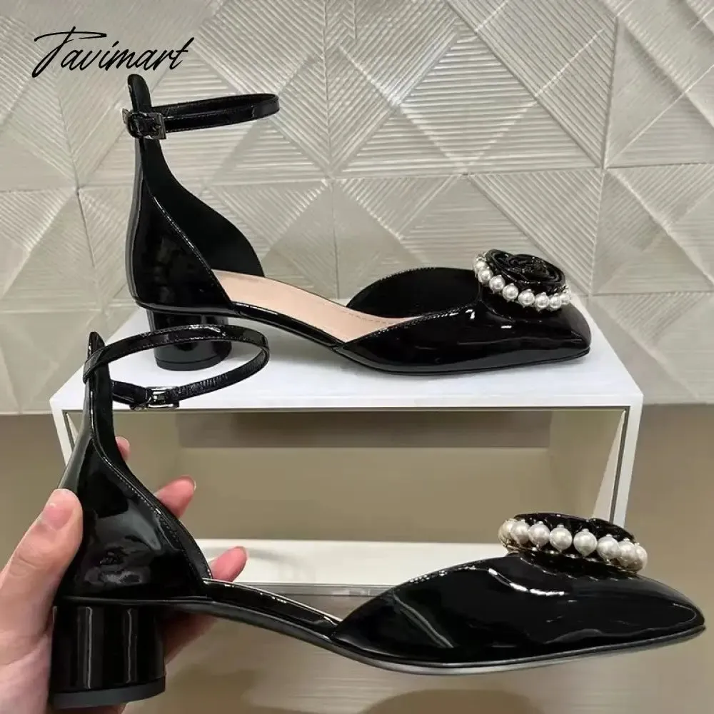 Tavimart Spring New Retro Mary Jane Shoes Women's Small Fragrant Wind Flower Pearl Thick Heel Square Head High Heel Single Shoes