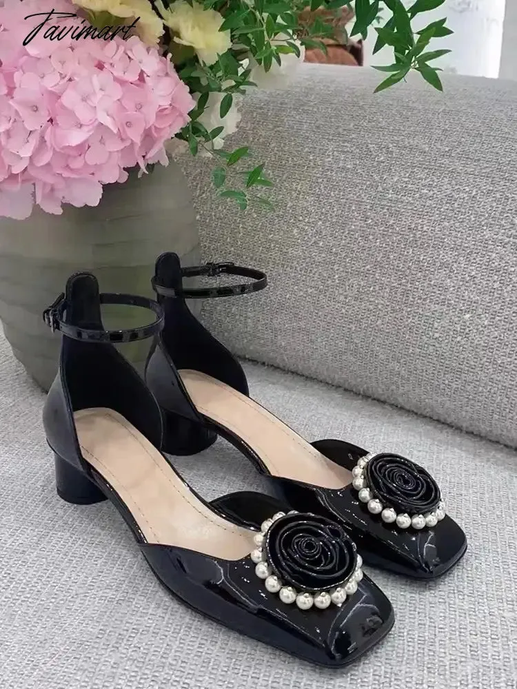 Tavimart Spring New Retro Mary Jane Shoes Women's Small Fragrant Wind Flower Pearl Thick Heel Square Head High Heel Single Shoes