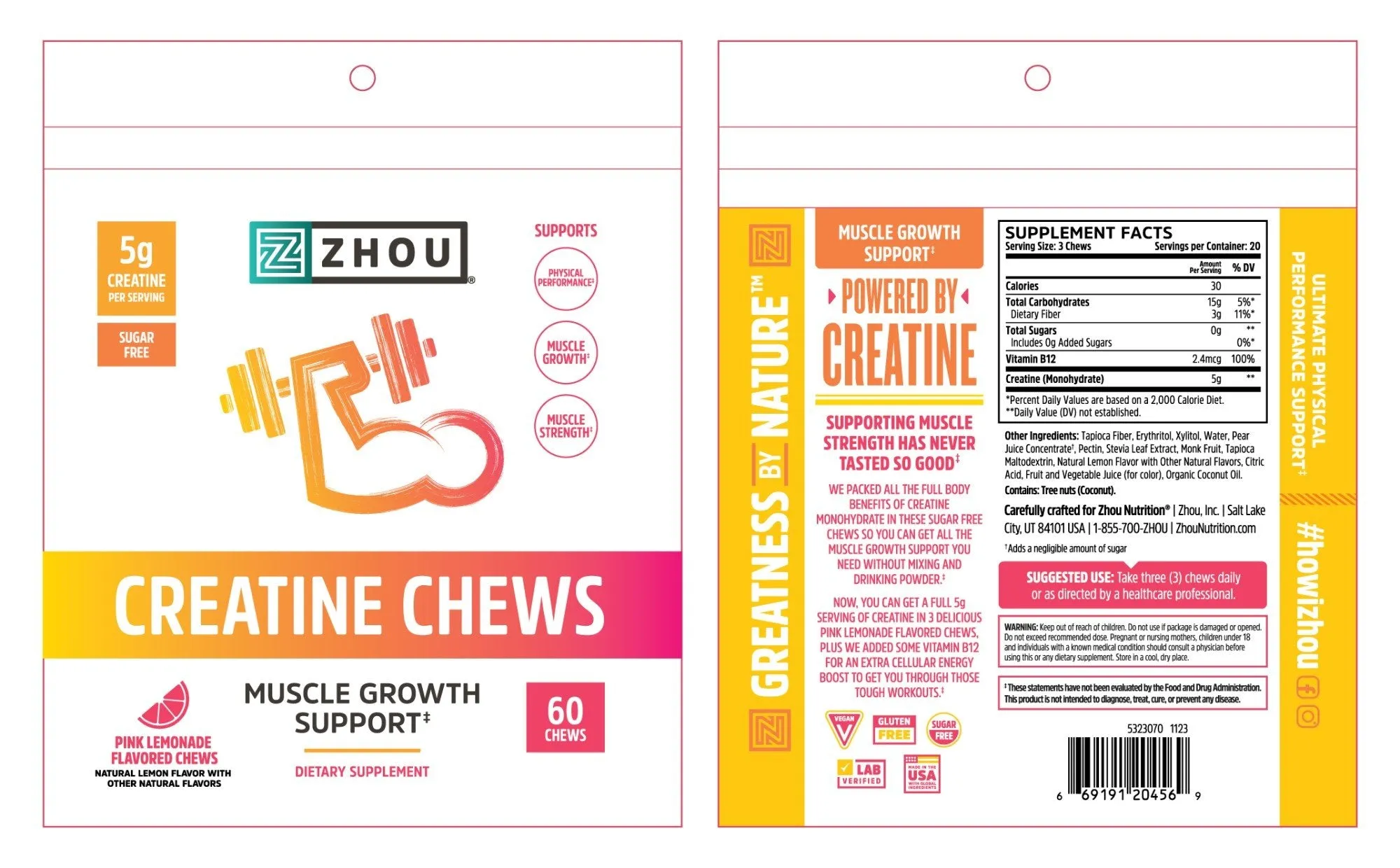 Zhou Nutrition Creatine Chews Pink Lemonade 60 Gummy